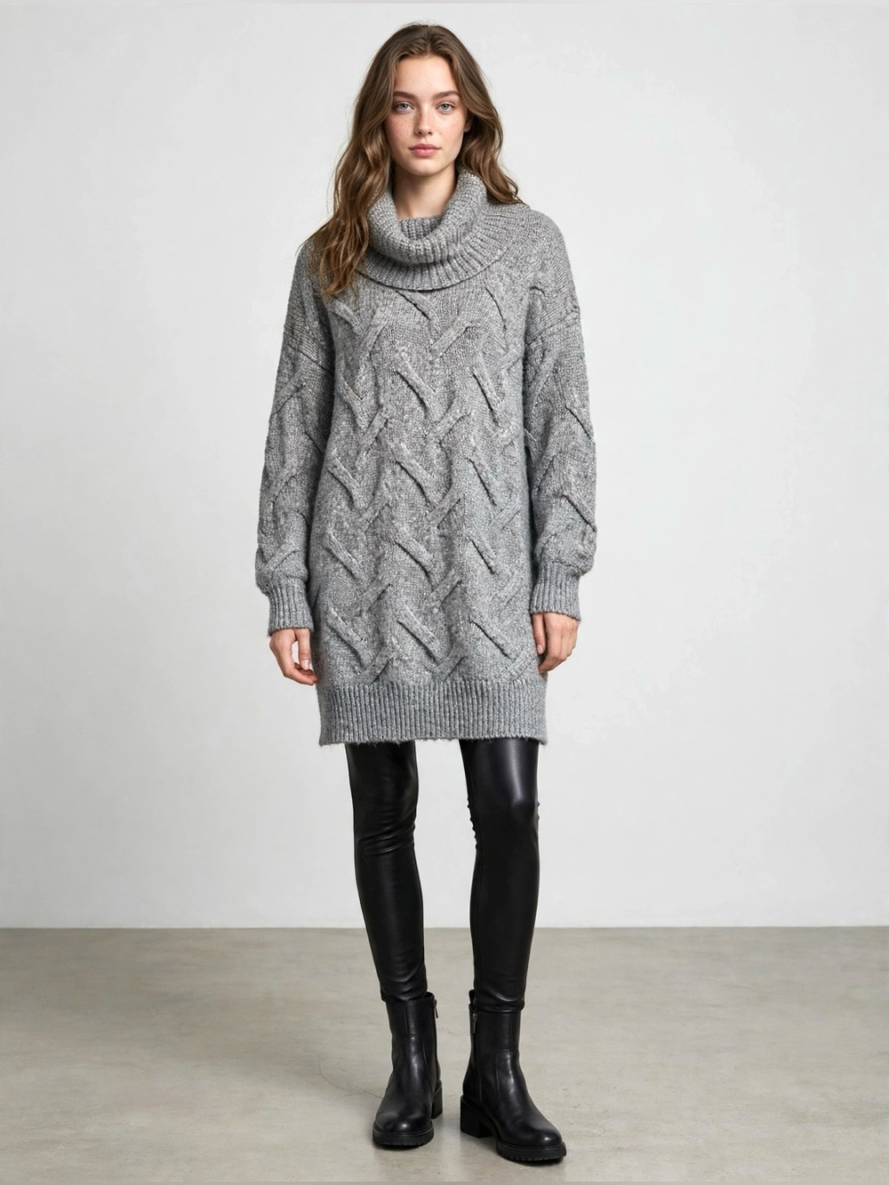 Dreamers by Debut Grey Chunky Cable Knit Cowl Neck Sweater Dress Tunic - Medium